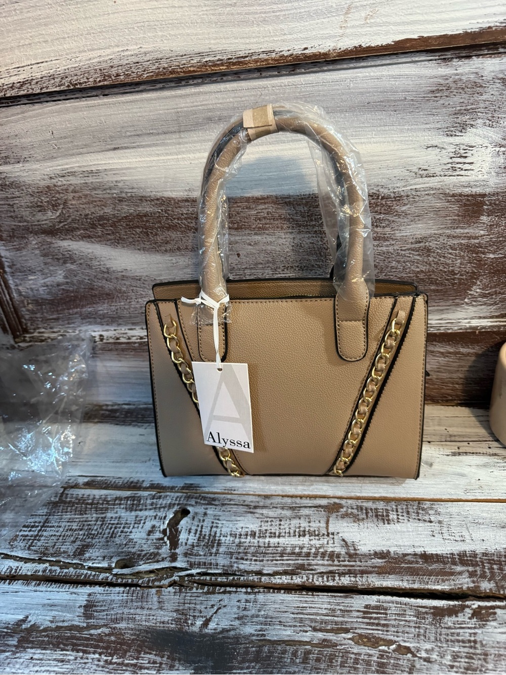 Alyssa Taupe Structured Shoulder Tote with Gold Chain Detail